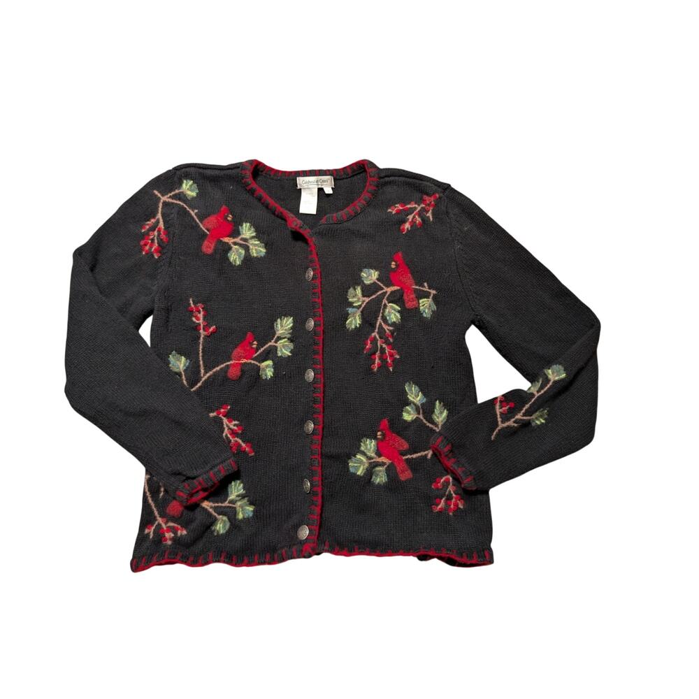 Coldwater Creek Womens Christmas Cardigan Cardinal Ramie Cotton Black S
